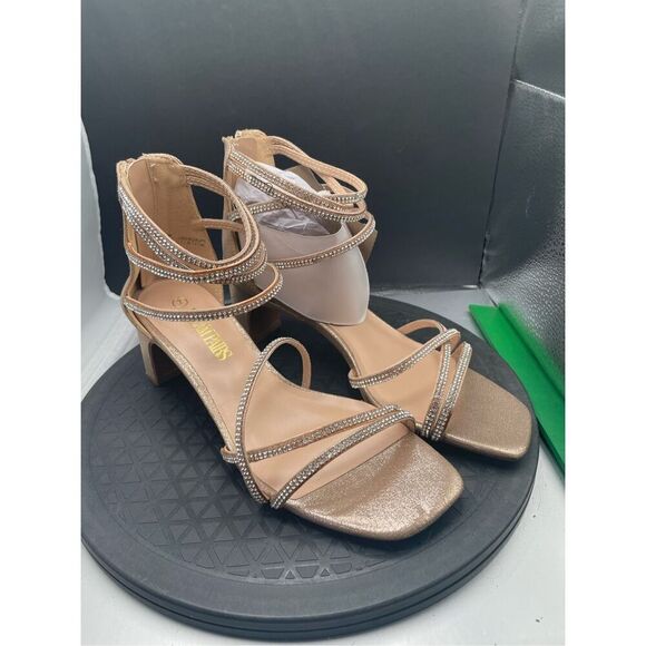 DREAM PAIRS Women's Gold Rhinestone Block Heels Square Open Toe Ankle Strap Sz 7 - Picture 2 of 11